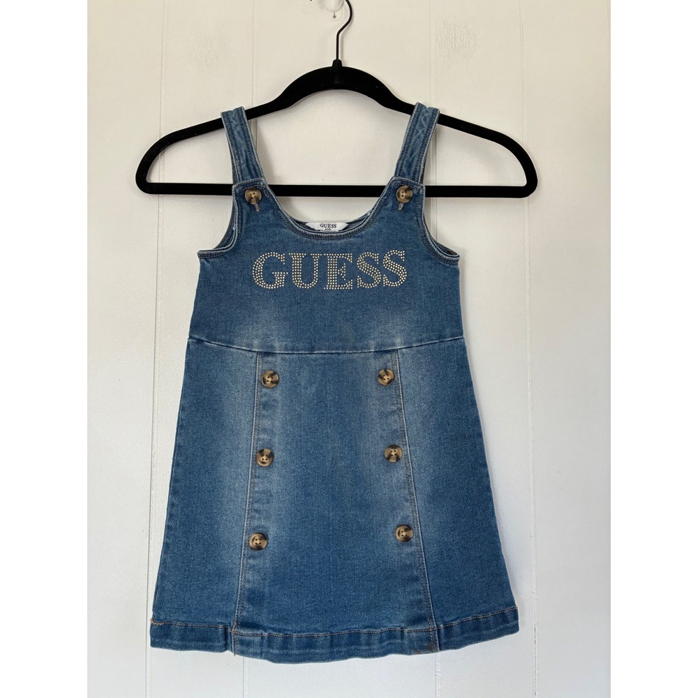 Guess Kids Girls Blue Denim Pinafore Jumper Dress Rhinestone Logo Size M‎ 5-6